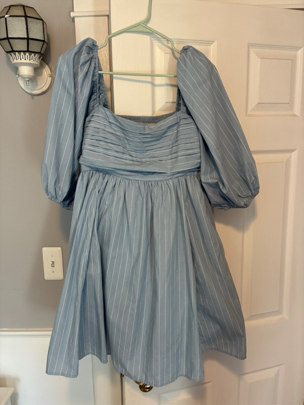 Abercrombie & Fitch Light Blue Pinstripe Puff-Sleeve Mini Dress